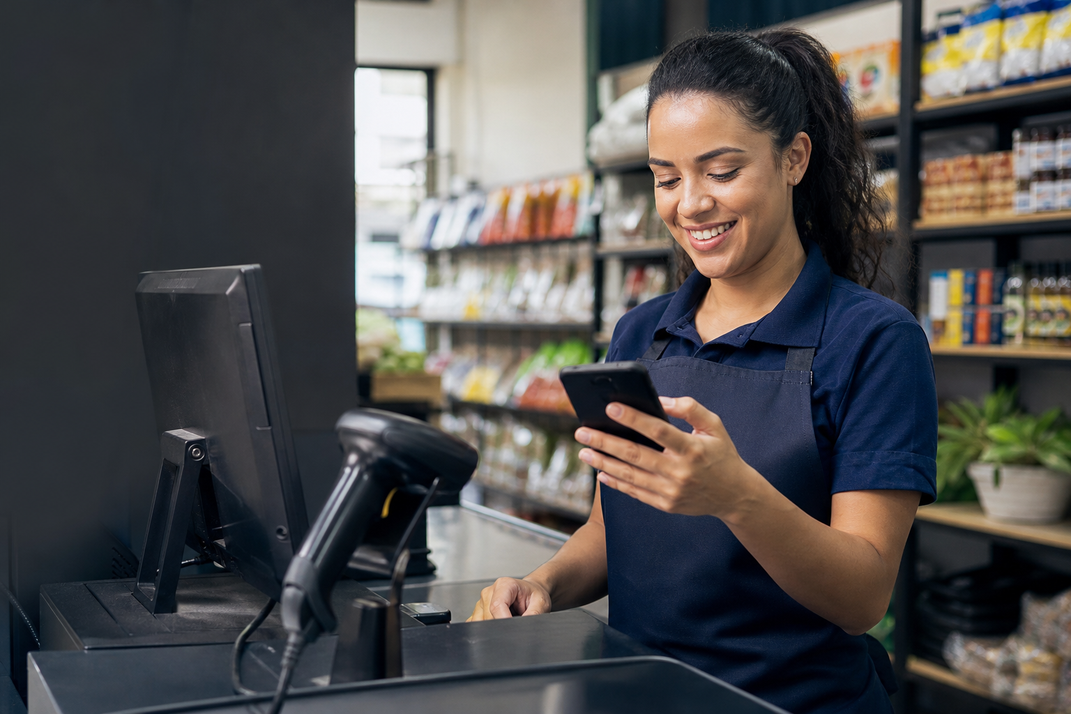 Profissional do varejo utilizando celular no checkout