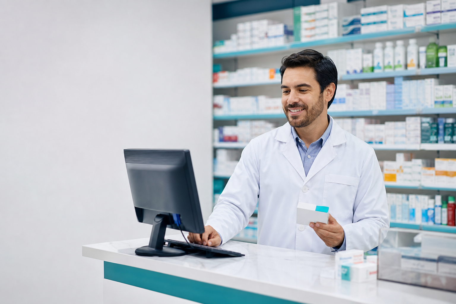 Farmacêutico utilizando sistema no balcão da farmácia