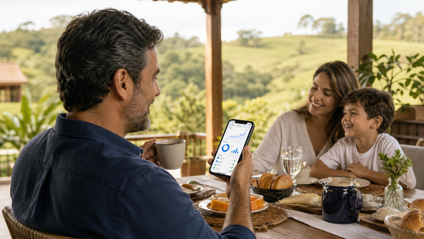 Gestor visualiza os indicadores da empresa pelo celular durante um café tranquilo com a família
